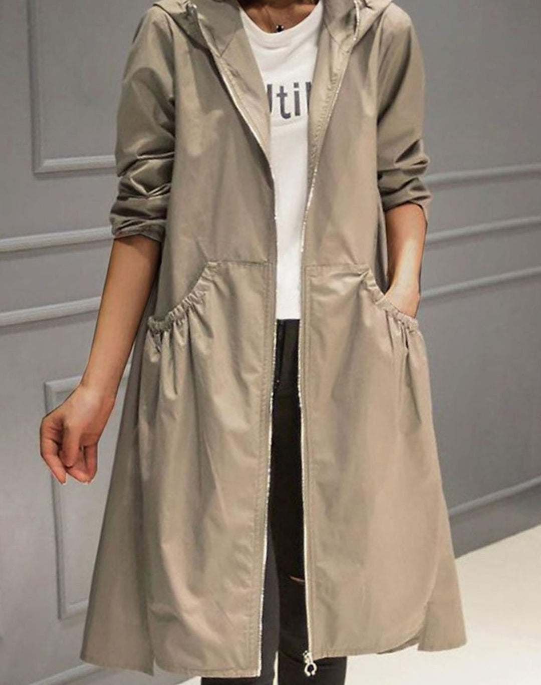 Women's Water-Resistant Hooded Long Trench Coat - Khaki