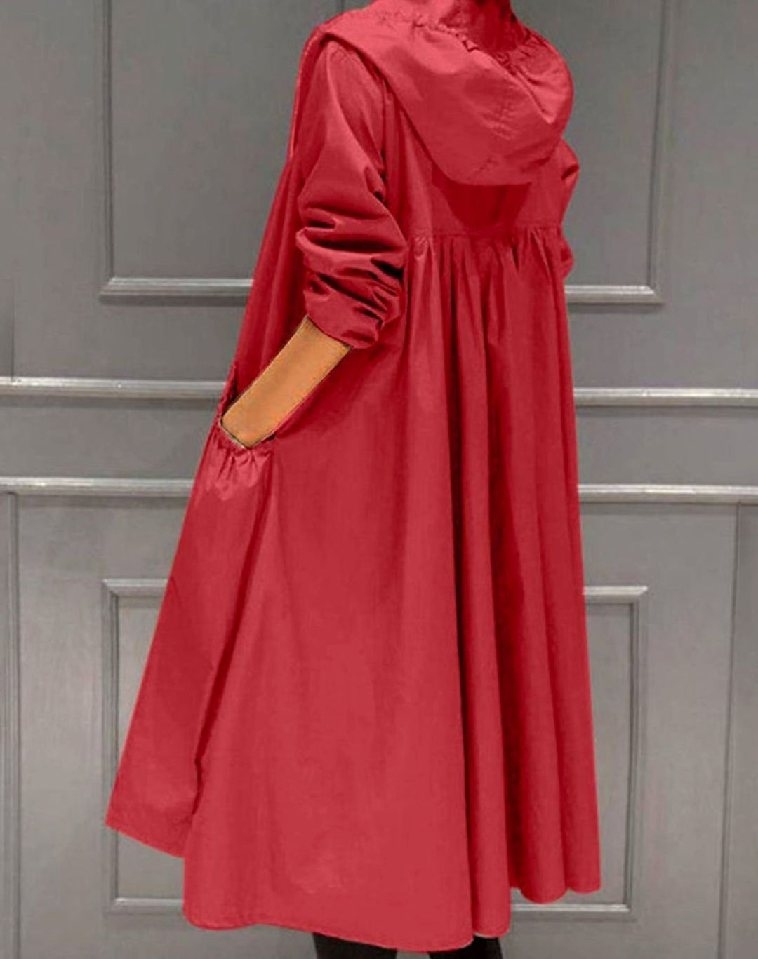 Women's Water-Resistant Hooded Long Trench Coat - Red