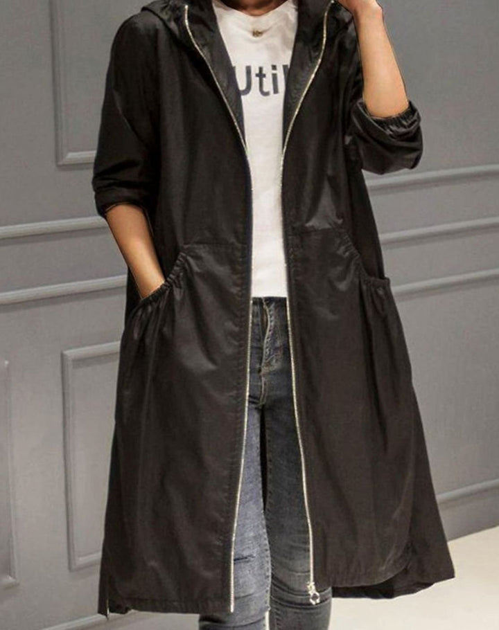 Women's Water-Resistant Hooded Long Trench Coat - Black