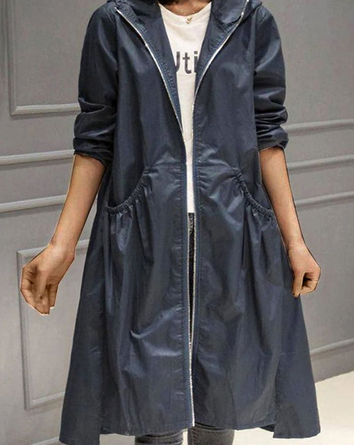 Women's Water-Resistant Hooded Long Trench Coat - Navy Blue