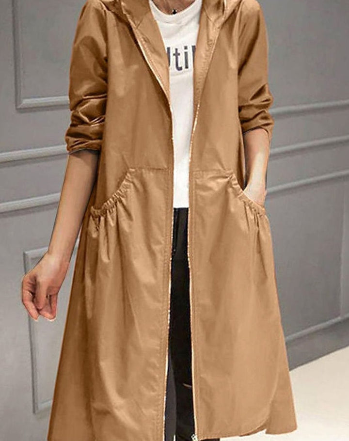 Women's Water-Resistant Hooded Long Trench Coat - Brown