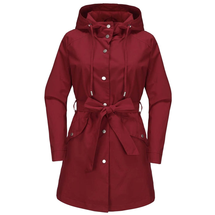 Women's Waterproof Hooded Belted Trench Coat, White - Burgundy