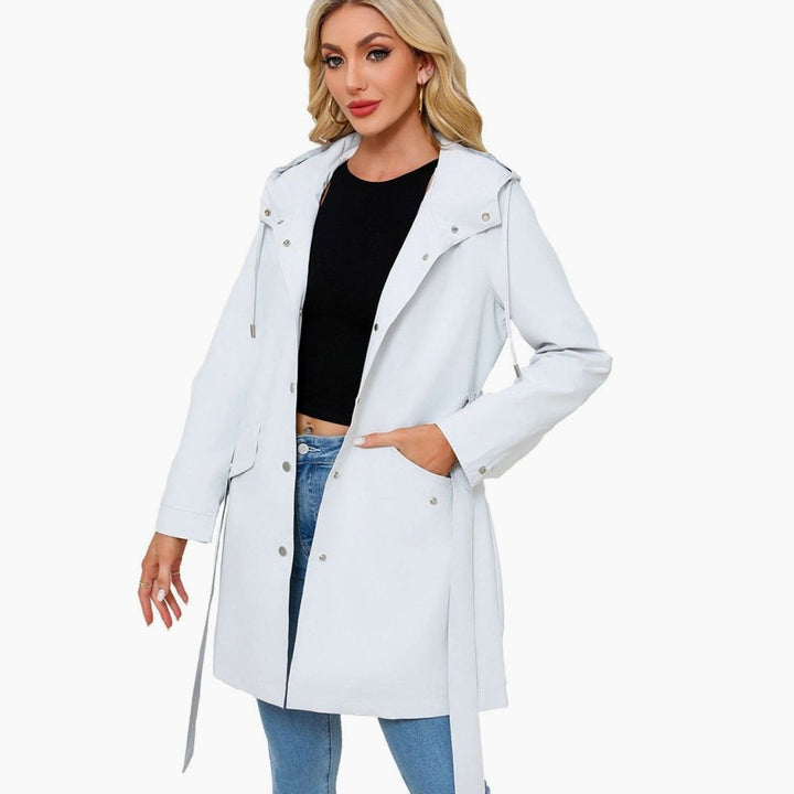 Women's Waterproof Hooded Belted Trench Coat, White
