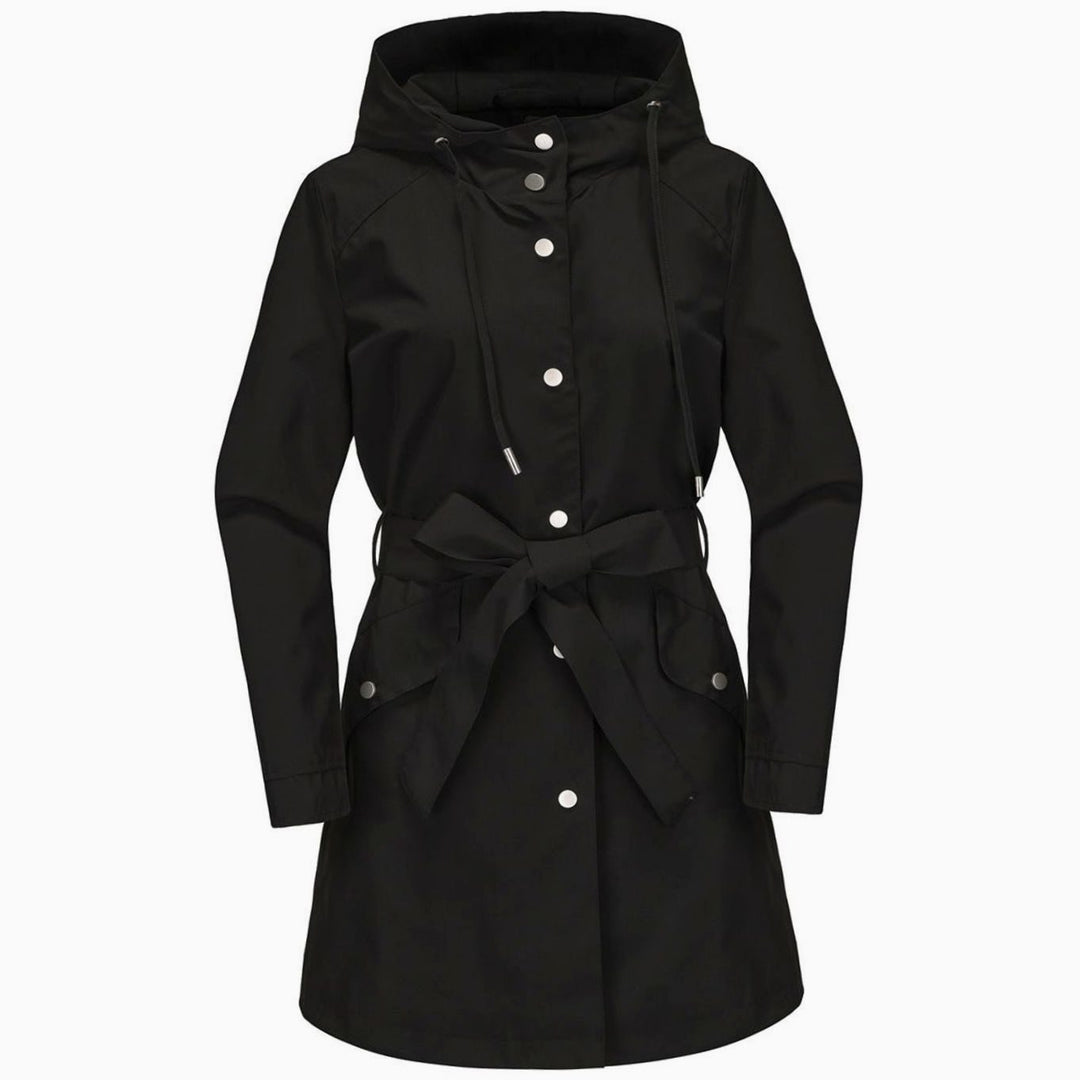 Women's Waterproof Hooded Belted Trench Coat, White - Black
