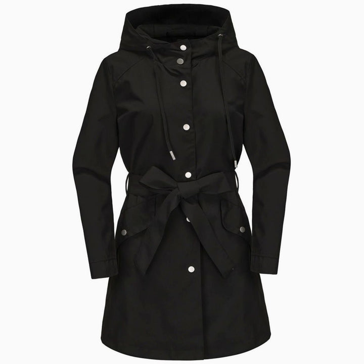 Women's Waterproof Hooded Belted Trench Coat, White - Black