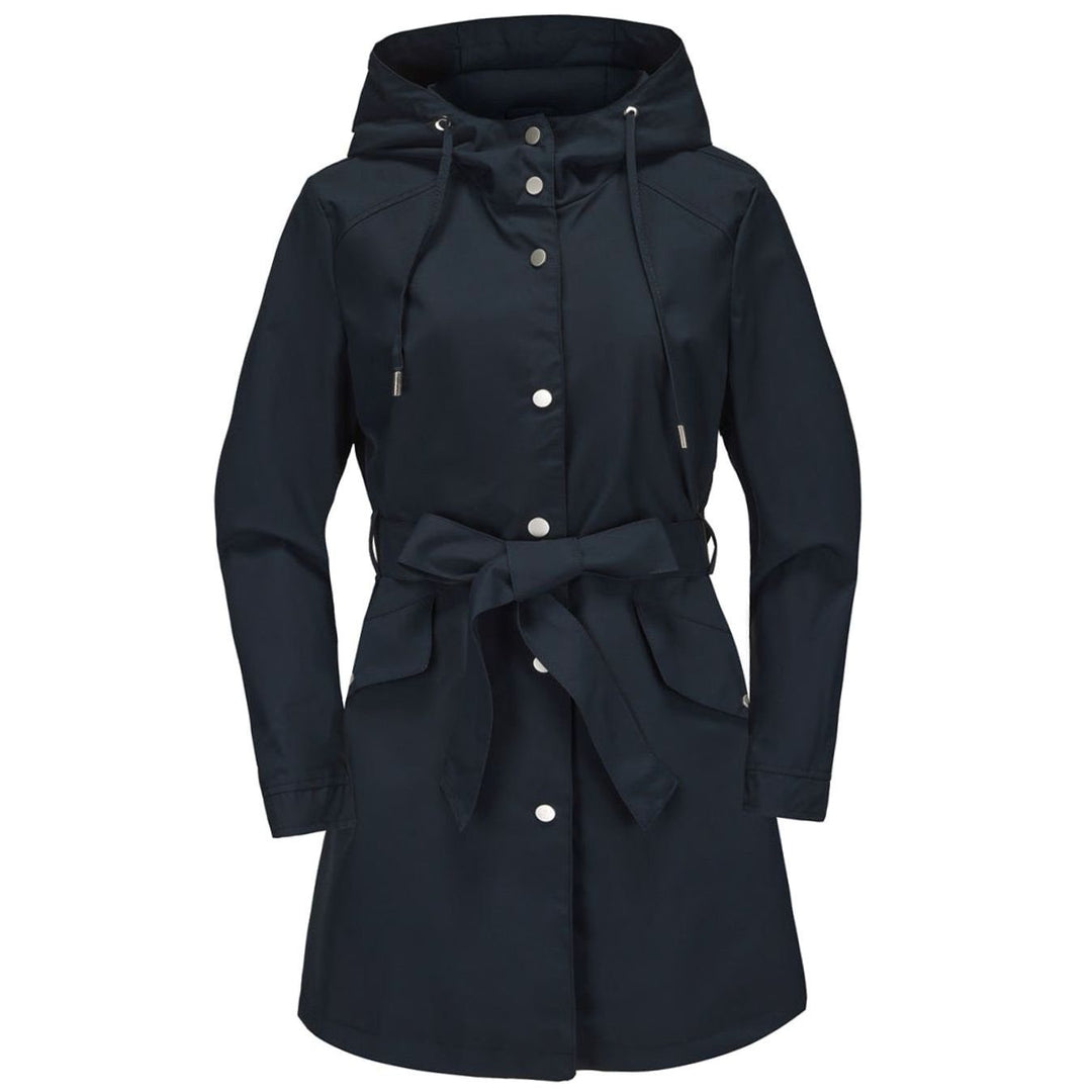 Women's Waterproof Hooded Belted Trench Coat, White - Navy Blue