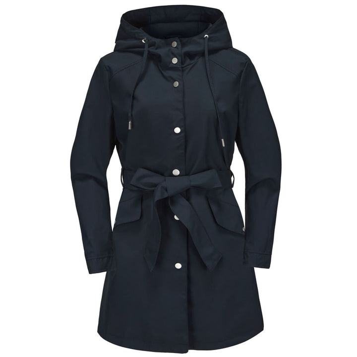 Women's Waterproof Hooded Belted Trench Coat, White - Navy Blue
