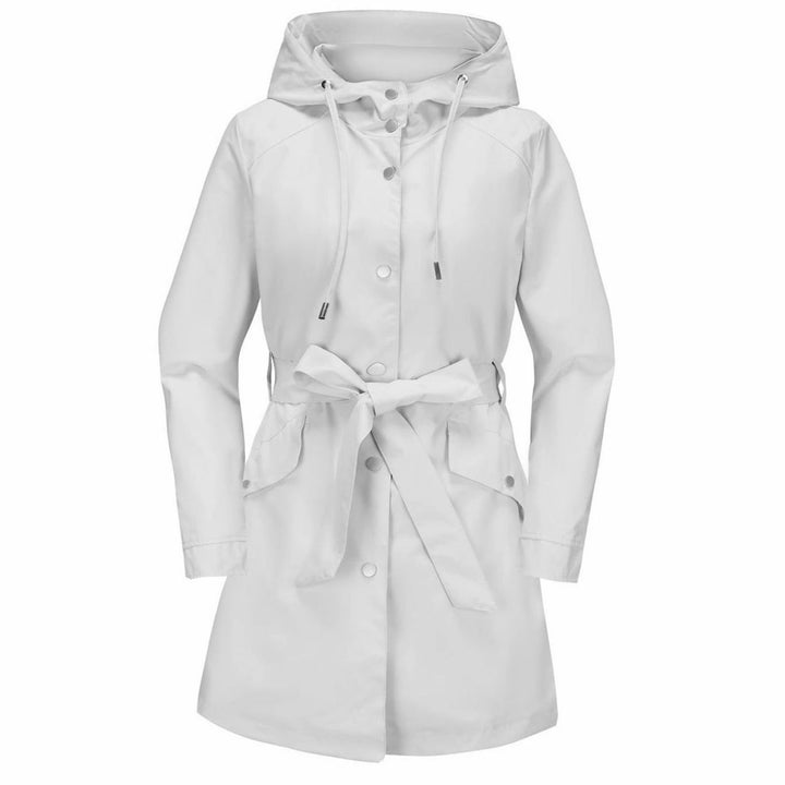 Women's Waterproof Hooded Belted Trench Coat, White - Light Grey
