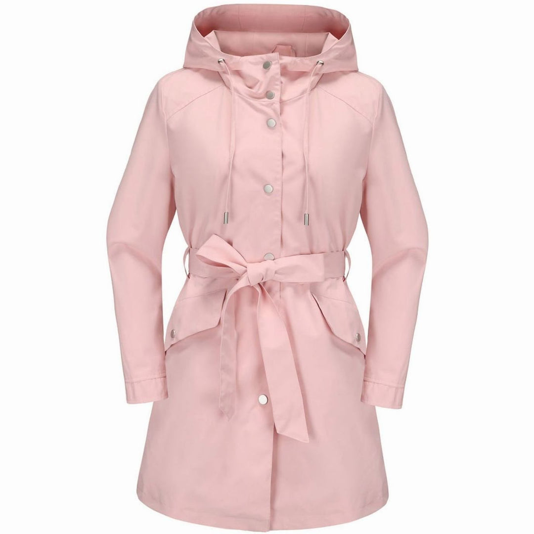 Women's Waterproof Hooded Belted Trench Coat, White - Pink