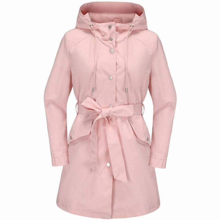 Women's Waterproof Hooded Belted Trench Coat, White - Pink