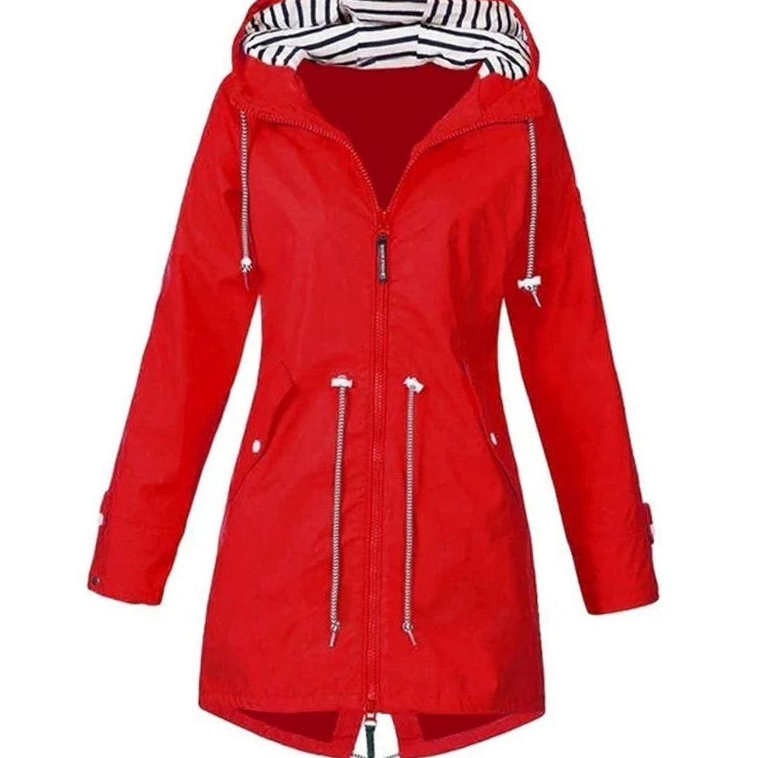 Women's Waterproof Hooded Drawstring Trench Coat - Red