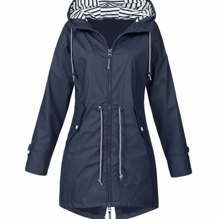 Women's Waterproof Hooded Drawstring Trench Coat - Navy Blue