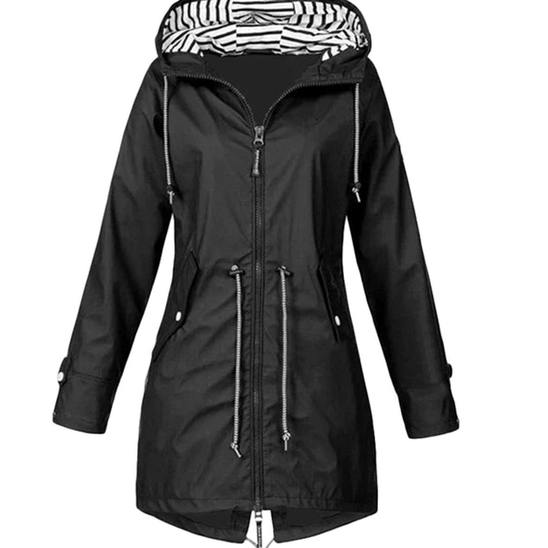 Women's Waterproof Hooded Drawstring Trench Coat - Black
