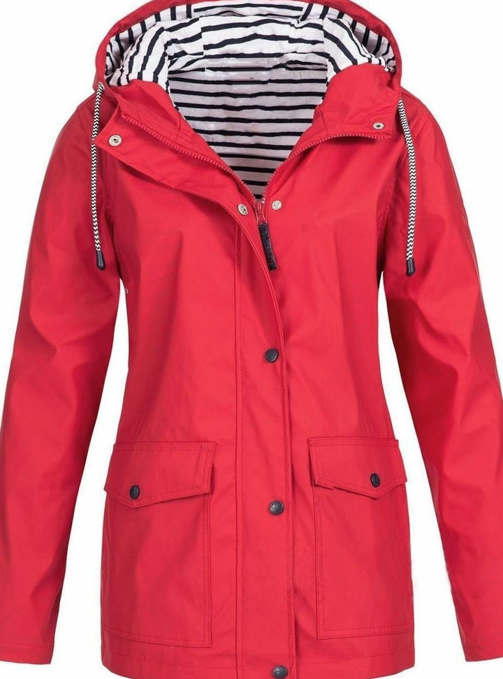 Women's Waterproof Hooded Trench Coat Long-Sleeve Mid-Length Jacket, Pink - Red