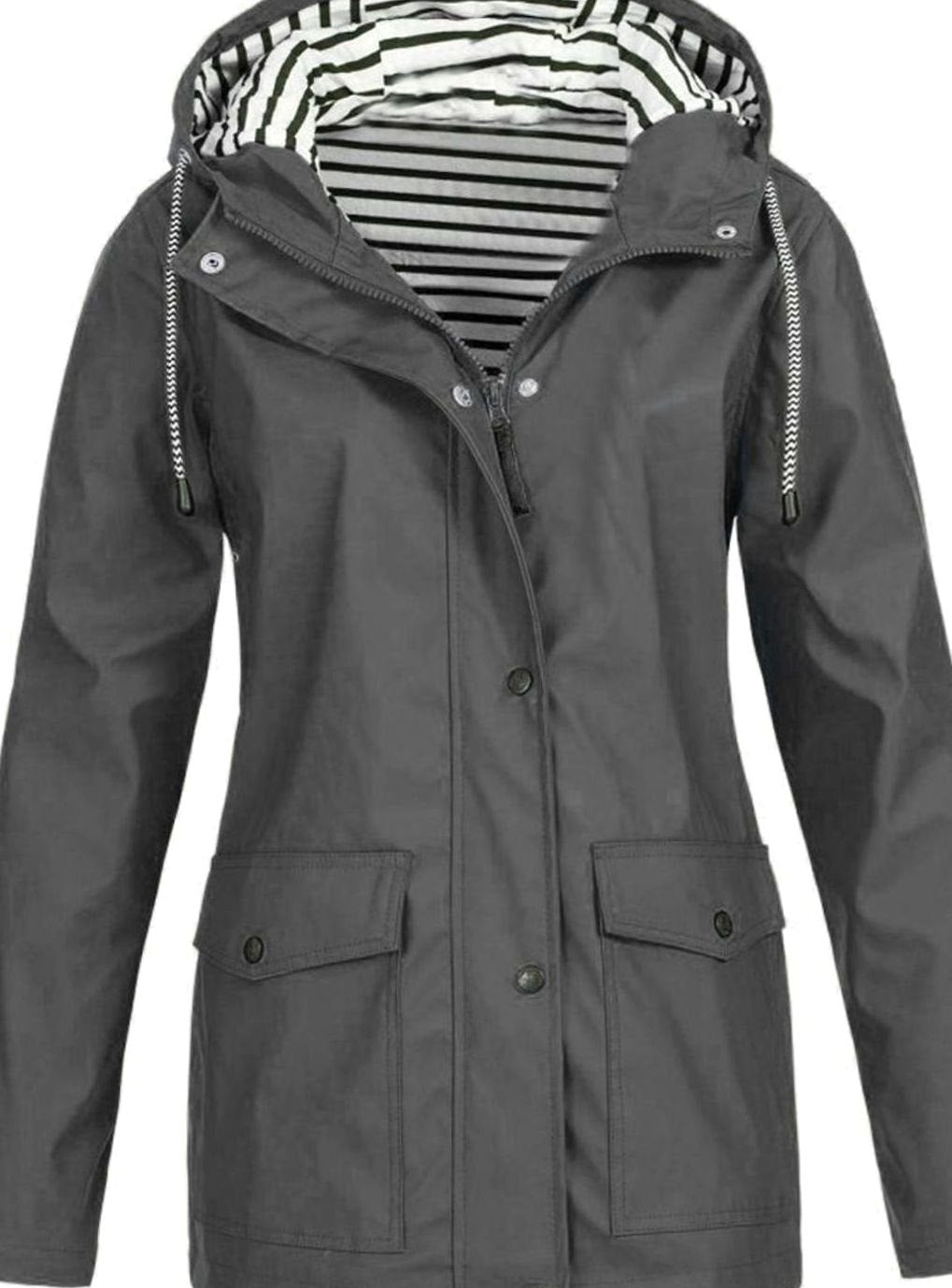 Women's Waterproof Hooded Trench Coat Long-Sleeve Mid-Length Jacket, Pink - Grey