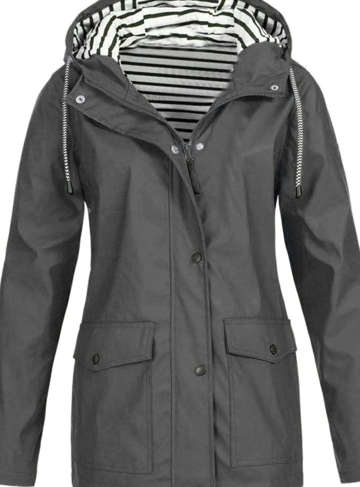 Women's Waterproof Hooded Trench Coat Long-Sleeve Mid-Length Jacket, Pink - Grey
