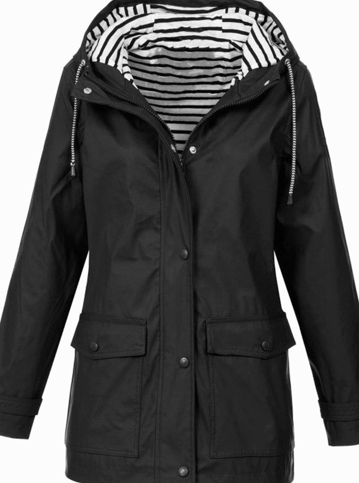 Women's Waterproof Hooded Trench Coat Long-Sleeve Mid-Length Jacket, Pink - Black