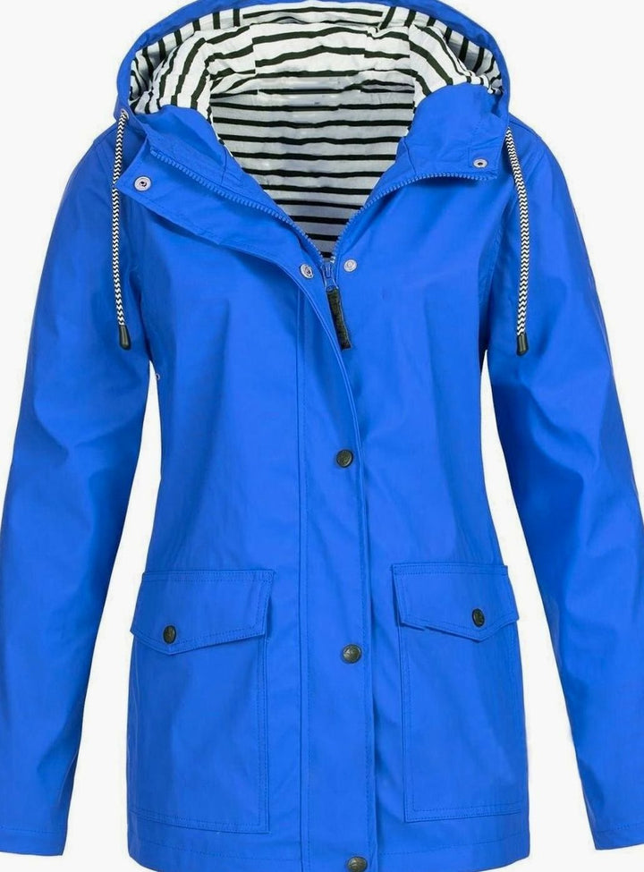 Women's Waterproof Hooded Trench Coat Long-Sleeve Mid-Length Jacket, Pink - Blue