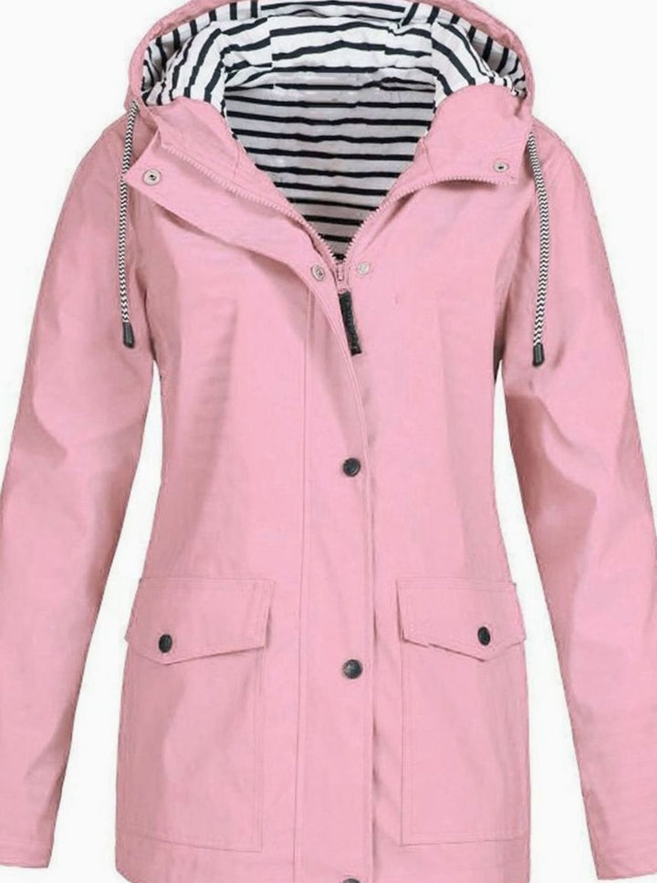 Women's Waterproof Hooded Trench Coat Long-Sleeve Mid-Length Jacket, Pink - Pink