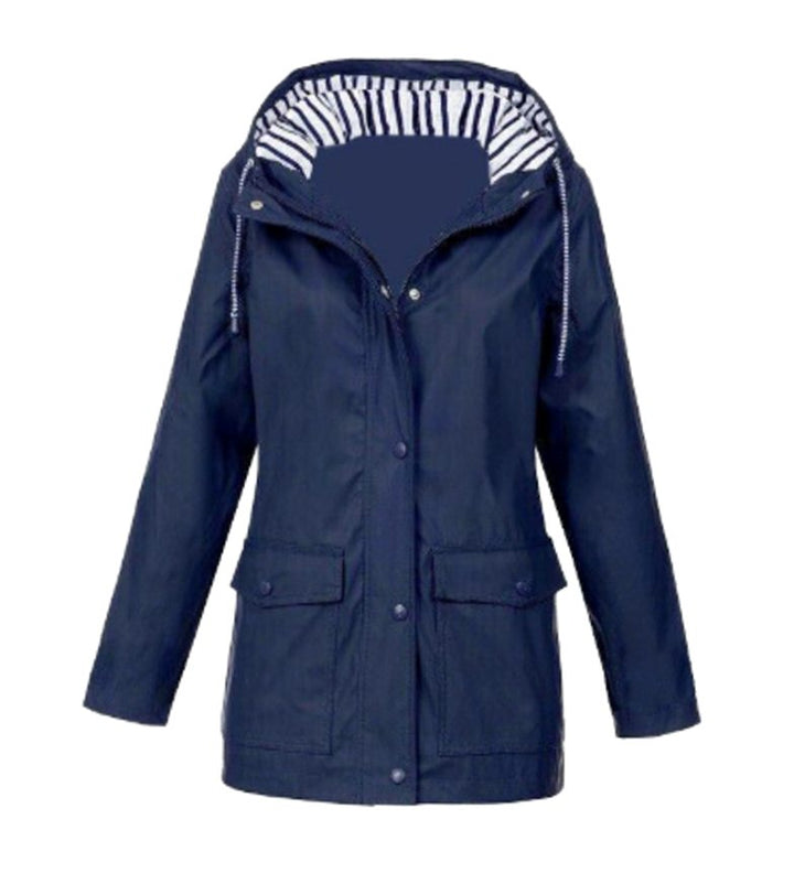 Women's Waterproof Hooded Zip-Up Trench Coat - Navy Blue