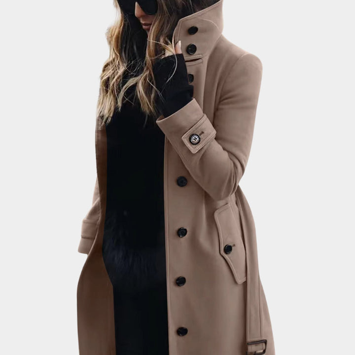 Women's Waterproof Stand-Collar Button-Front Longline Trench Coat - Khaki