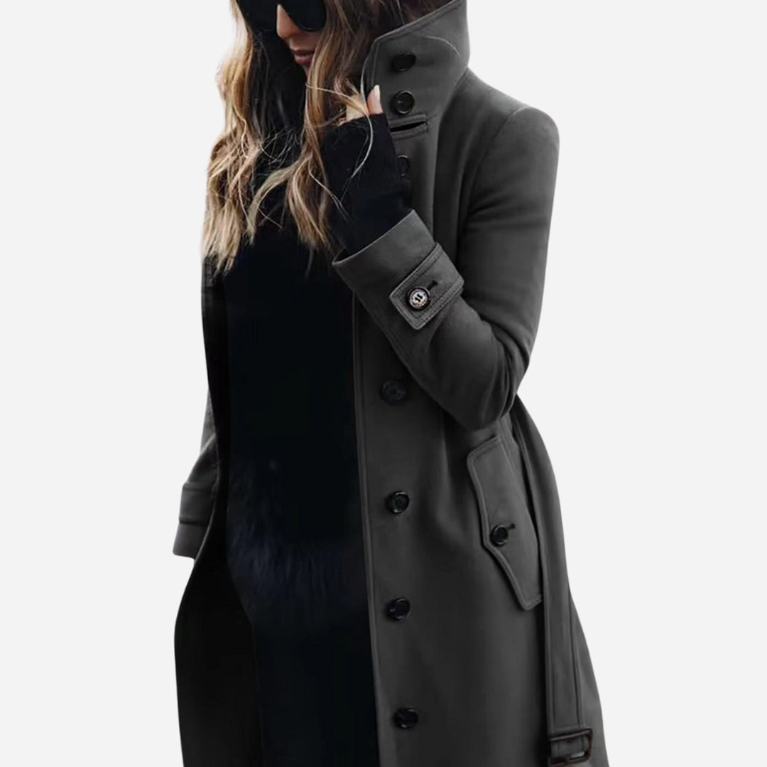 Women's Waterproof Stand-Collar Button-Front Longline Trench Coat - Dark Grey