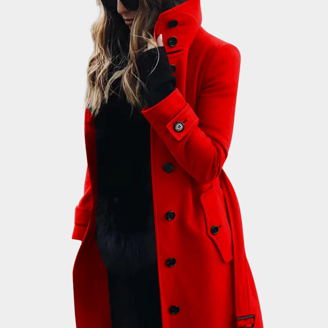 Women's Waterproof Stand-Collar Button-Front Longline Trench Coat - Red