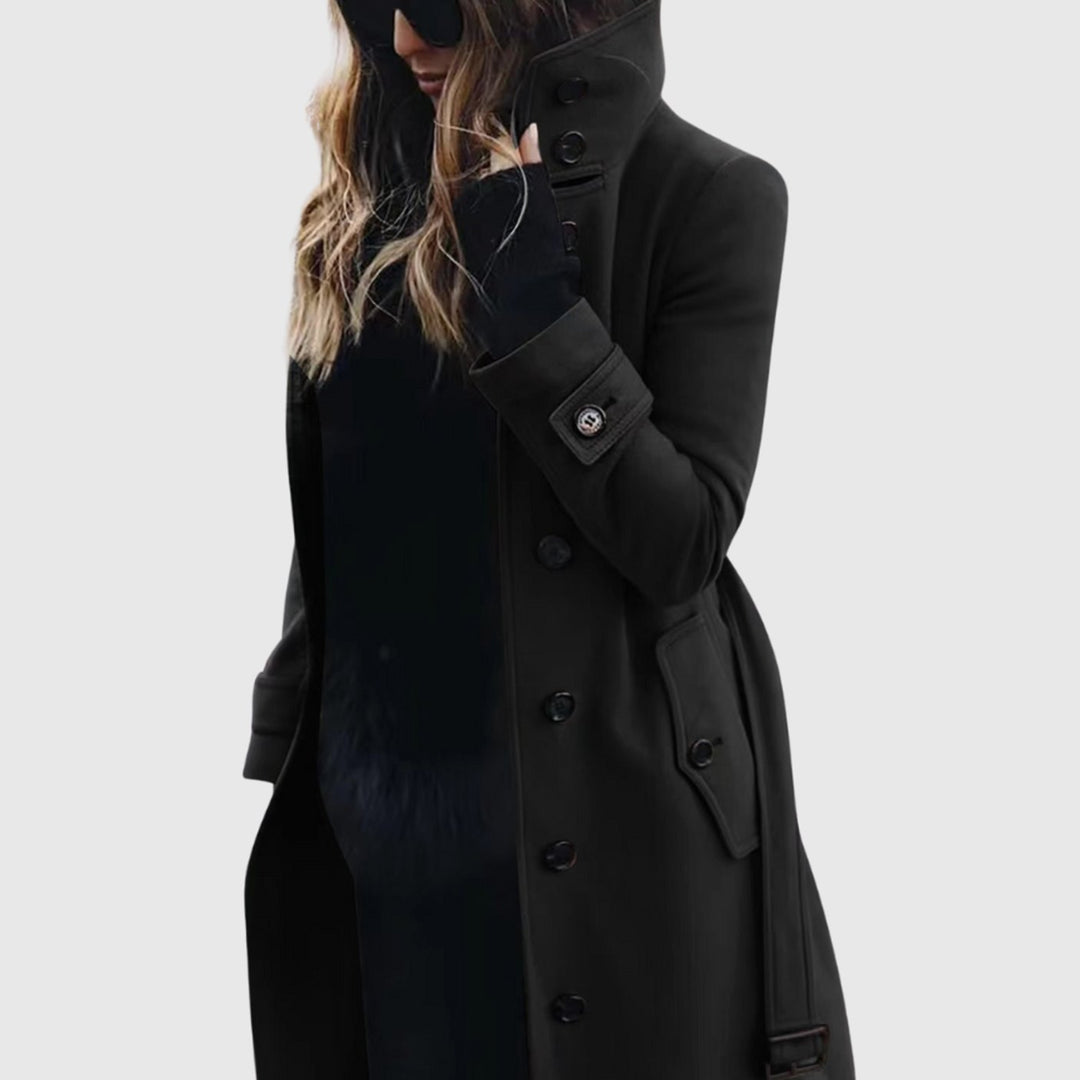 Women's Waterproof Stand-Collar Button-Front Longline Trench Coat - Black