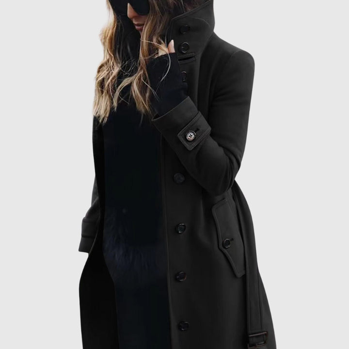 Women's Waterproof Stand-Collar Button-Front Longline Trench Coat - Black