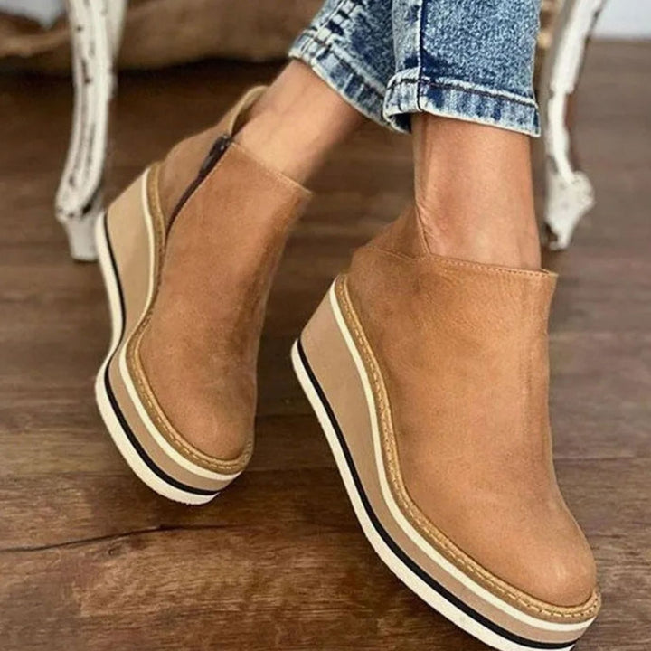 Women's Waterproof Wedge Platform Ankle Boots Side Zipper - Khaki