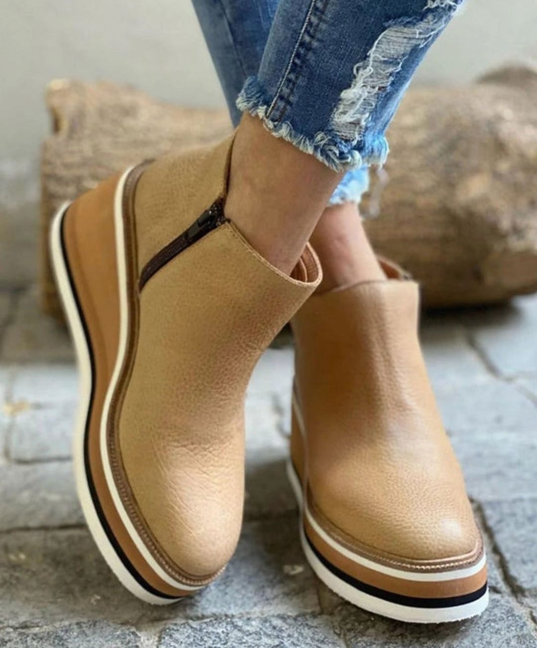 Women's Waterproof Wedge Platform Ankle Boots Side Zipper - Beige