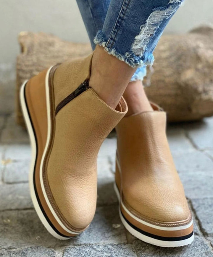 Women's Waterproof Wedge Platform Ankle Boots Side Zipper - Beige
