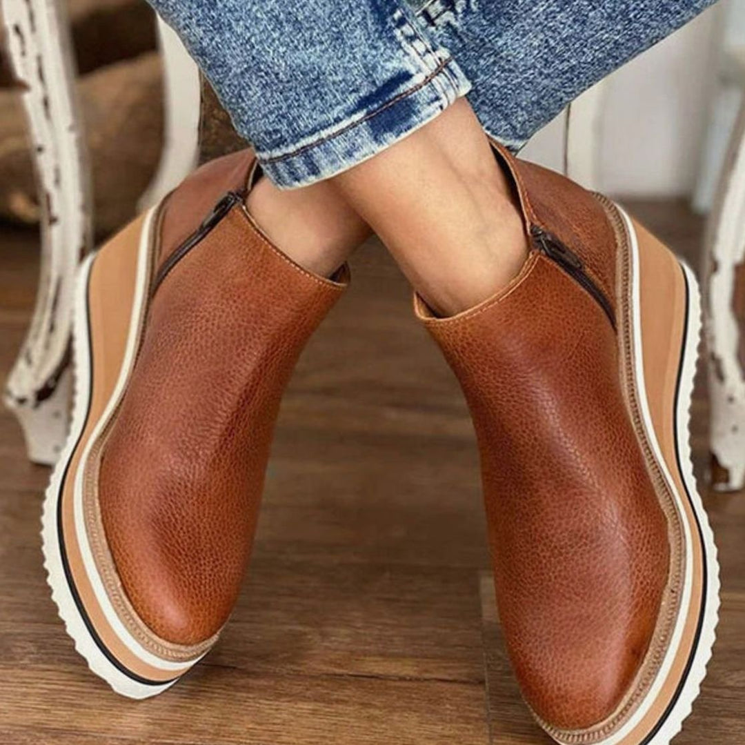 Women's Waterproof Wedge Platform Ankle Boots Side Zipper - Brown