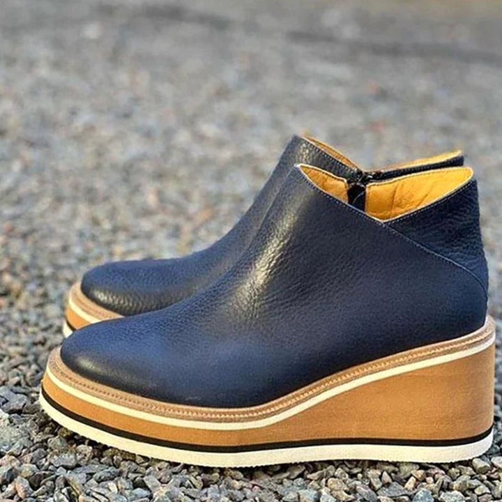 Women's Waterproof Wedge Platform Ankle Boots Side Zipper - Blue