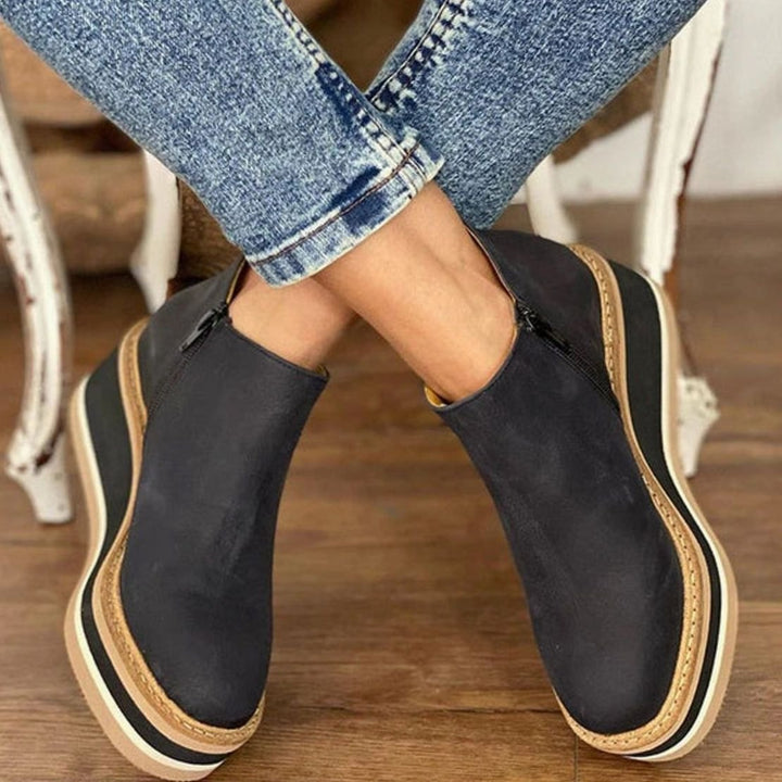 Women's Waterproof Wedge Platform Ankle Boots Side Zipper - Black