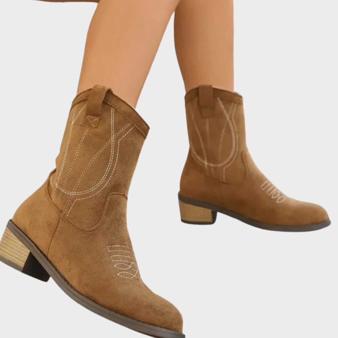 Women's Western Embroidered Block-Heel Mid-Calf Cowboy Boots - Khaki