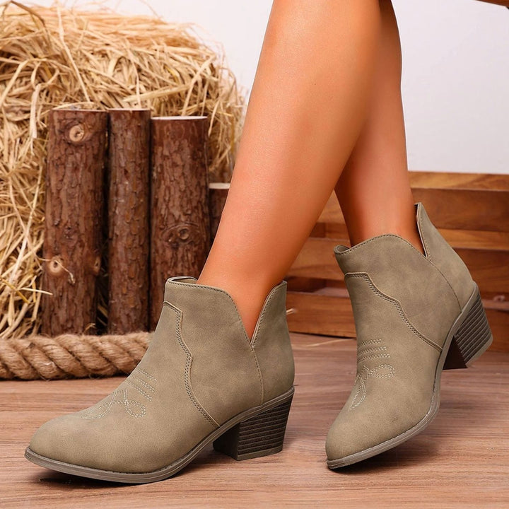 Women's Western-Stitch Block Heel Ankle Boots - Khaki