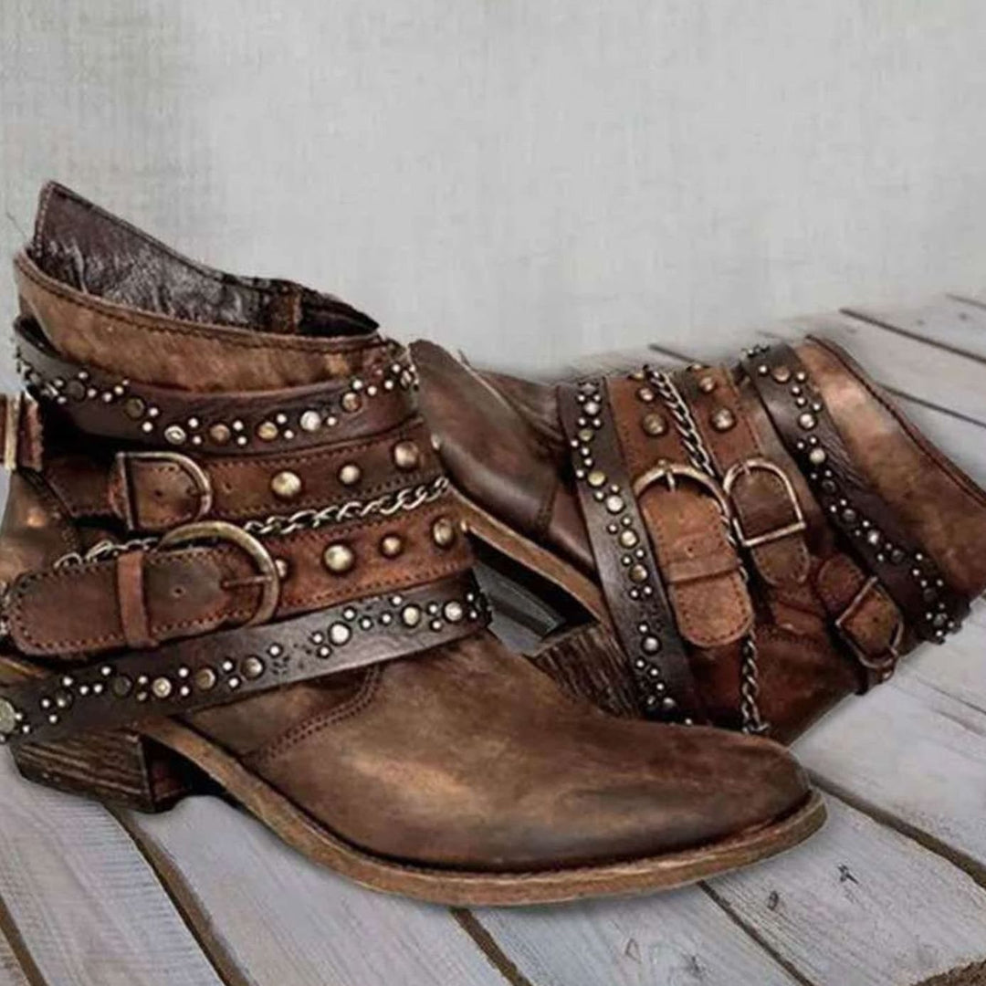 Women's Western Studded Buckle-Strap Block-Heel Ankle Boots