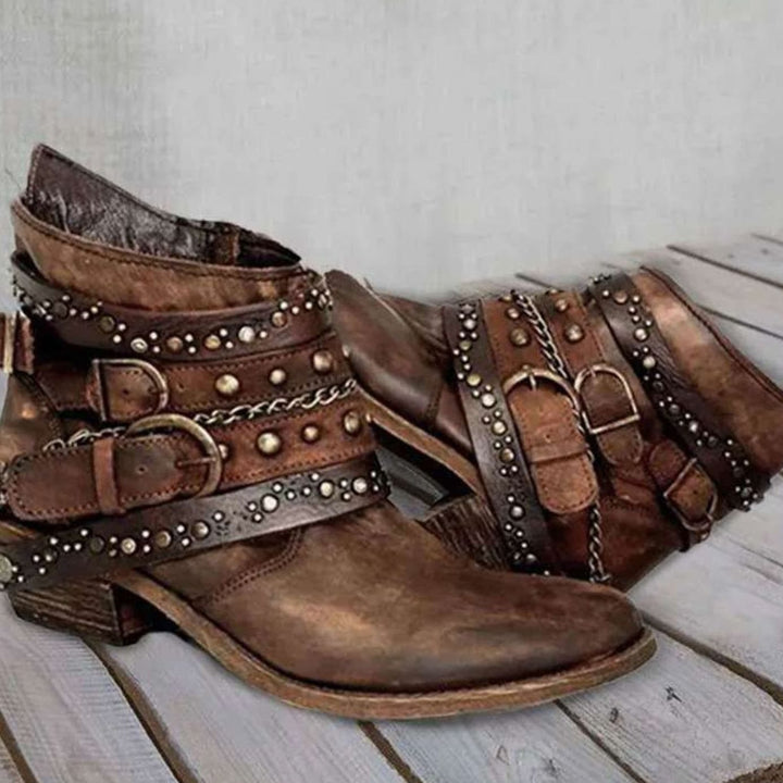 Women's Western Studded Buckle-Strap Block-Heel Ankle Boots