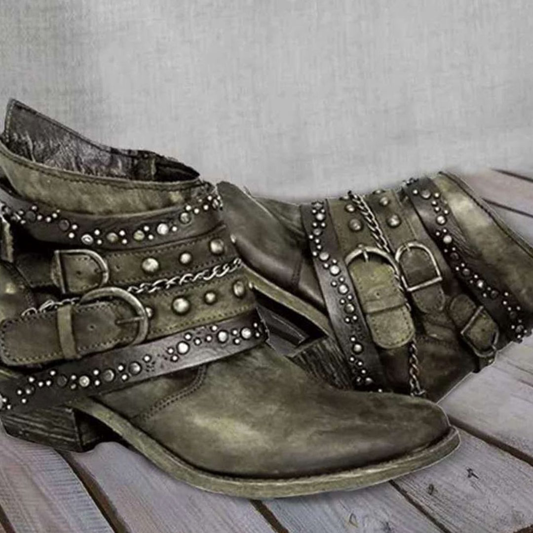 Women's Western Studded Buckle-Strap Block-Heel Ankle Boots