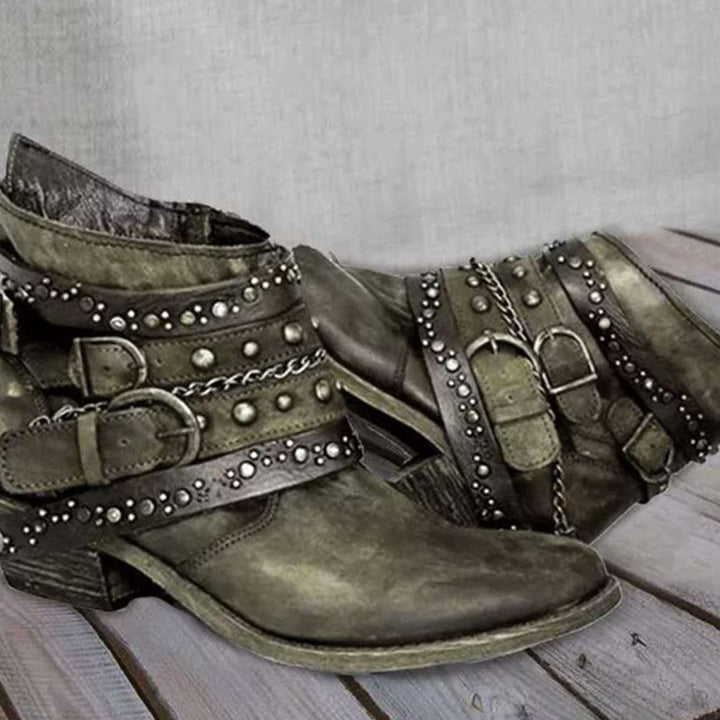 Women's Western Studded Buckle-Strap Block-Heel Ankle Boots