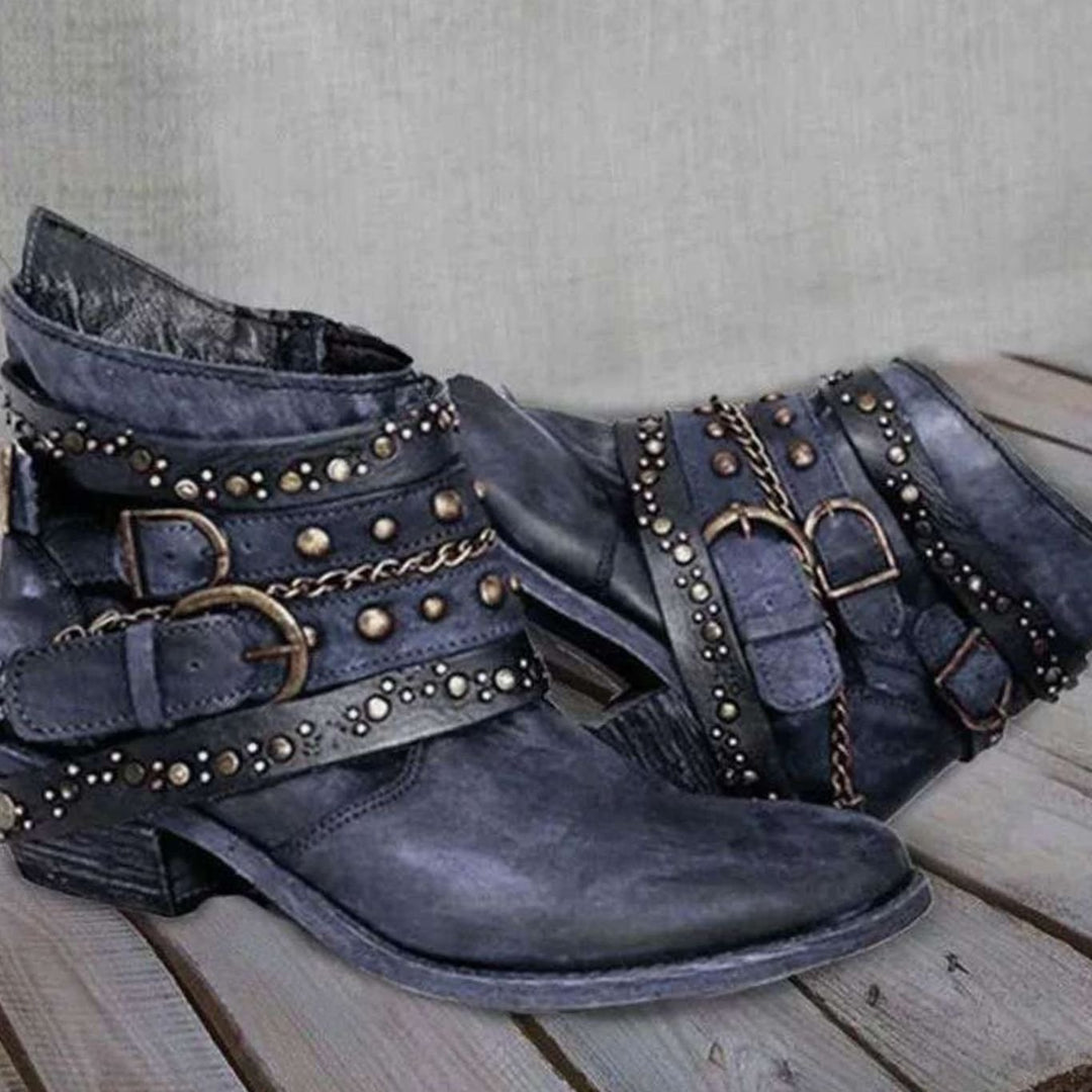 Women's Western Studded Buckle-Strap Block-Heel Ankle Boots