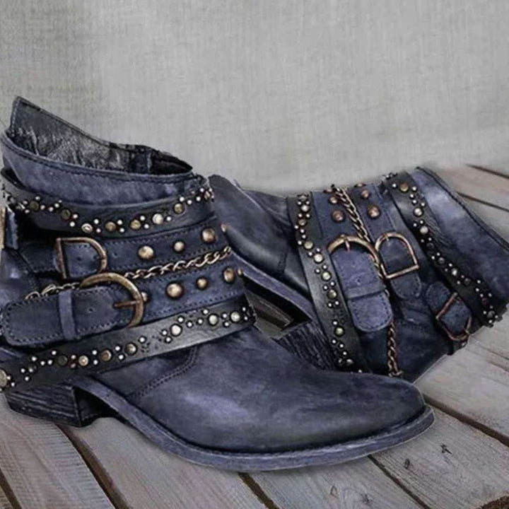 Women's Western Studded Buckle-Strap Block-Heel Ankle Boots