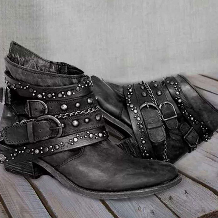 Women's Western Studded Buckle-Strap Block-Heel Ankle Boots