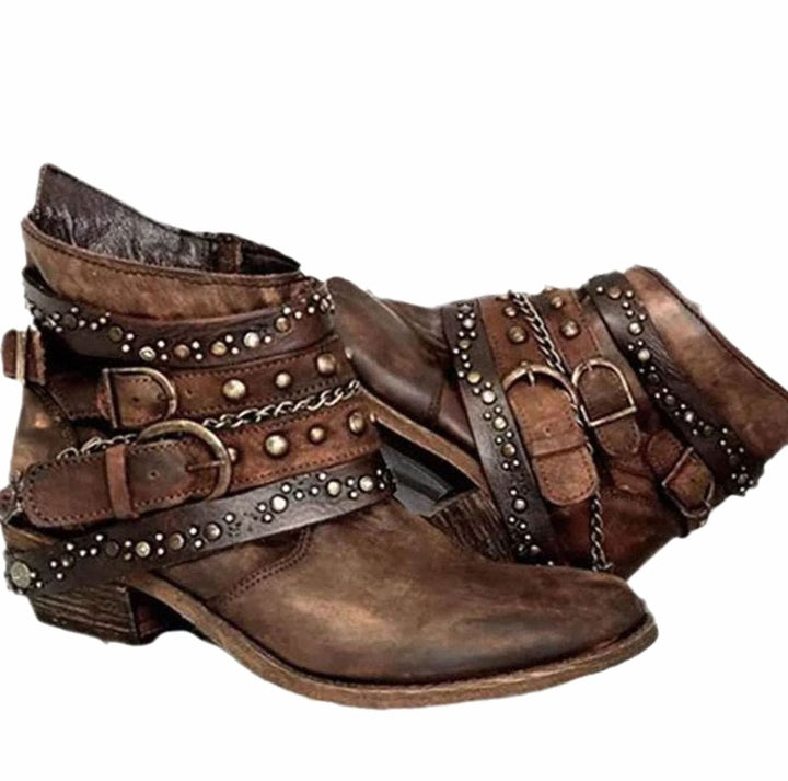 Women's Western Studded Buckle-Strap Block-Heel Ankle Boots