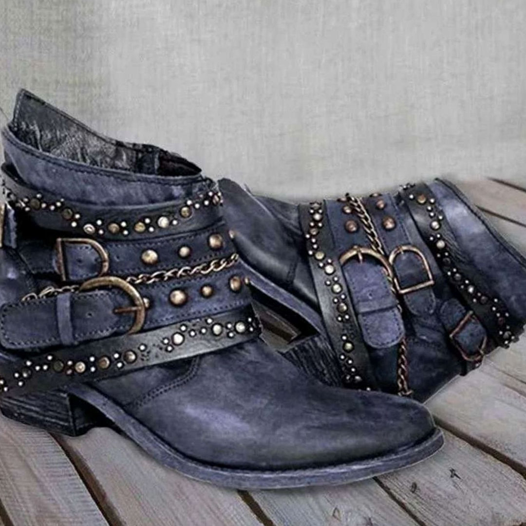 Women's Western Studded Buckle-Strap Block-Heel Ankle Boots - Blue