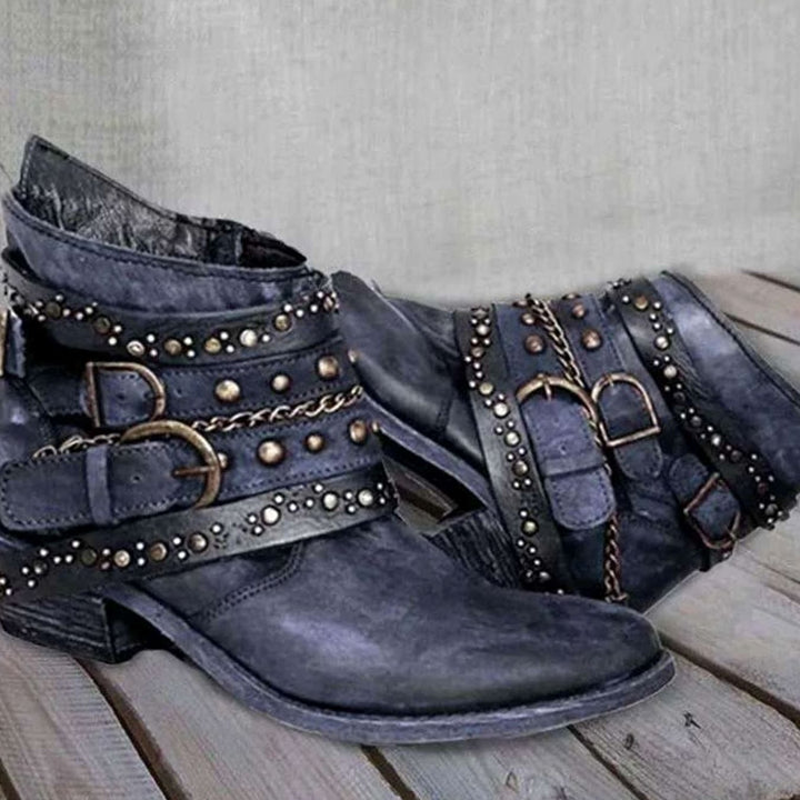 Women's Western Studded Buckle-Strap Block-Heel Ankle Boots - Blue