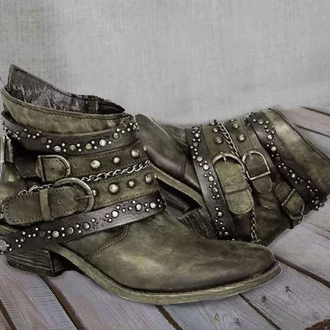 Women's Western Studded Buckle-Strap Block-Heel Ankle Boots - Green