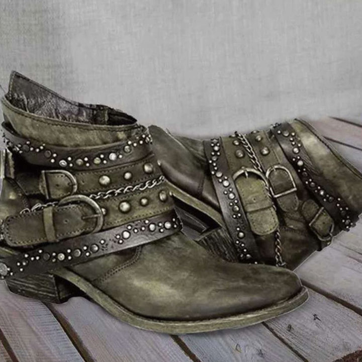 Women's Western Studded Buckle-Strap Block-Heel Ankle Boots - Green