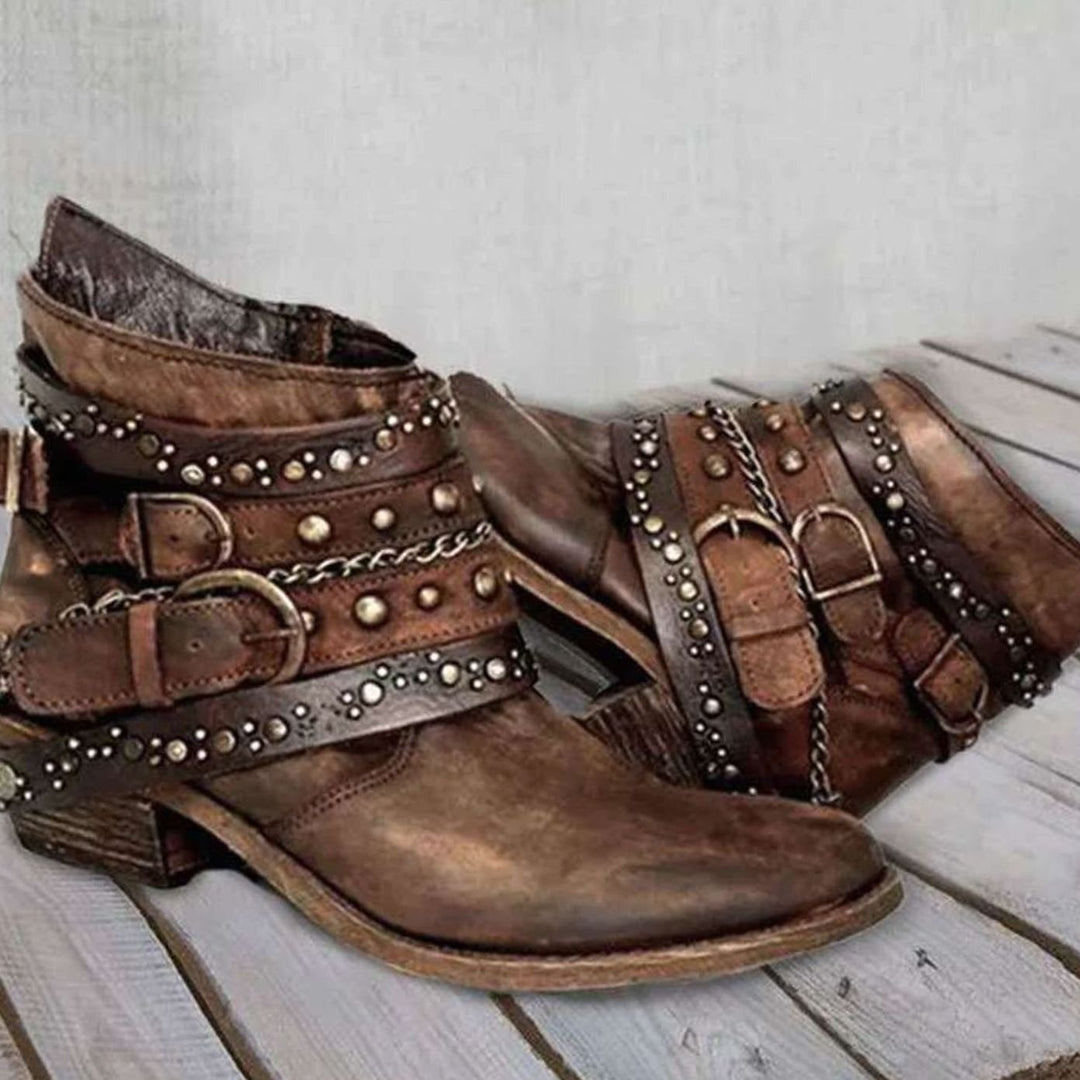 Women's Western Studded Buckle-Strap Block-Heel Ankle Boots - Brown